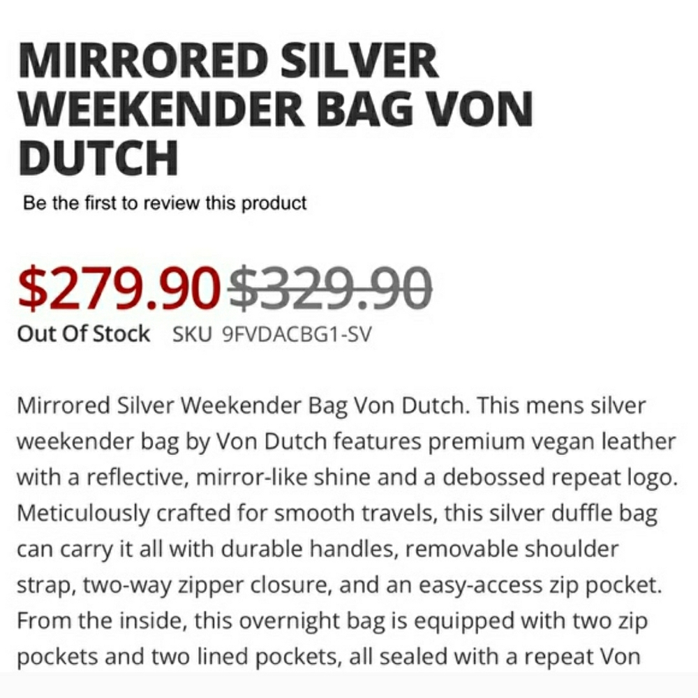 NWT! Von Dutch Metallic Silver Mirrored Weekender Gym Duffel Bag (Retail $379) - Picture 11 of 16